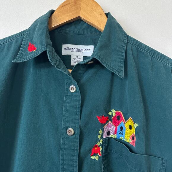 VTG 90s Embroidered Birds Button Up Shirt Birdhouse Green S Cottage Whimsical - Picture 3 of 9